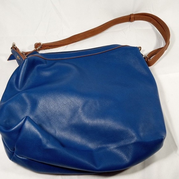 Liz Soto Vegan Leather Purse Navy Blue with Brown Removeable Strap, 12 x 12 Inch - Picture 6 of 7